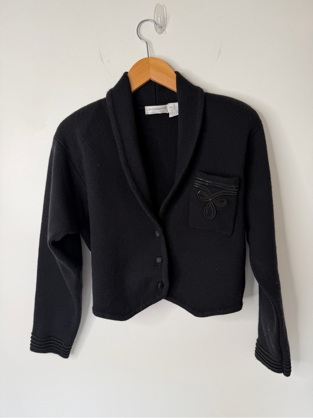 Liz Claiborne Collection Black 100% Wool Knit Cropped Cardigan Shawl Collar